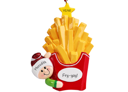 Personalized French fry lover Christmas ornament with custom name, custom message, and year featuring a festive carton of French fries.