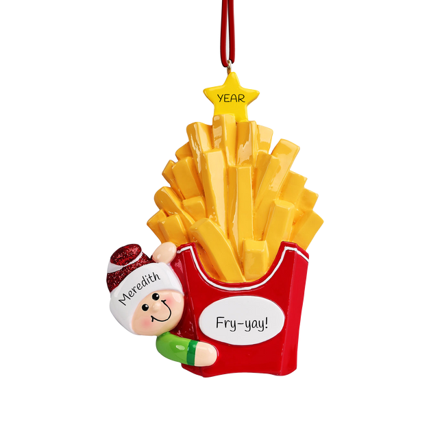 Personalized French fry lover Christmas ornament with custom name, custom message, and year featuring a festive carton of French fries.