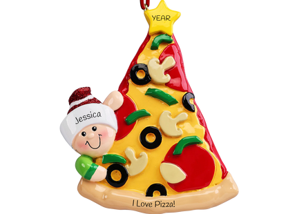 Personalized pizza lover Christmas ornament with custom name, custom message, and year featuring a festive slice of pizza with classic toppings.