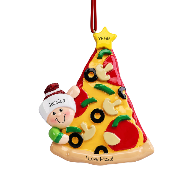 Personalized pizza lover Christmas ornament with custom name, custom message, and year featuring a festive slice of pizza with classic toppings.