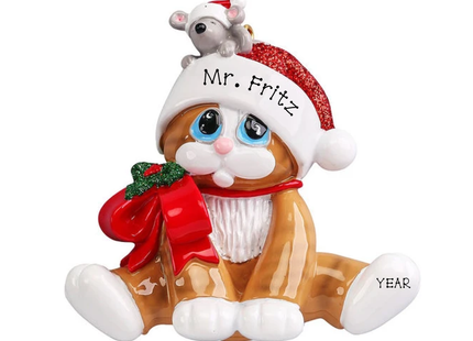 Personalized Christmas cat ornament featuring an orange and white cat with blue eyes wearing a glittery red Santa hat topped with a tiny mouse, customized with name and year.