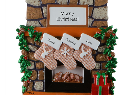 Personalized family fireplace stocking Christmas ornament with 3 names, family name, custom message, and year
