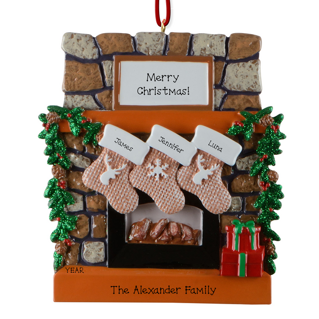 Personalized family fireplace stocking Christmas ornament with 3 names, family name, custom message, and year