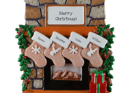Personalized family fireplace stocking Christmas ornament with 4 names, family name, custom message, and year