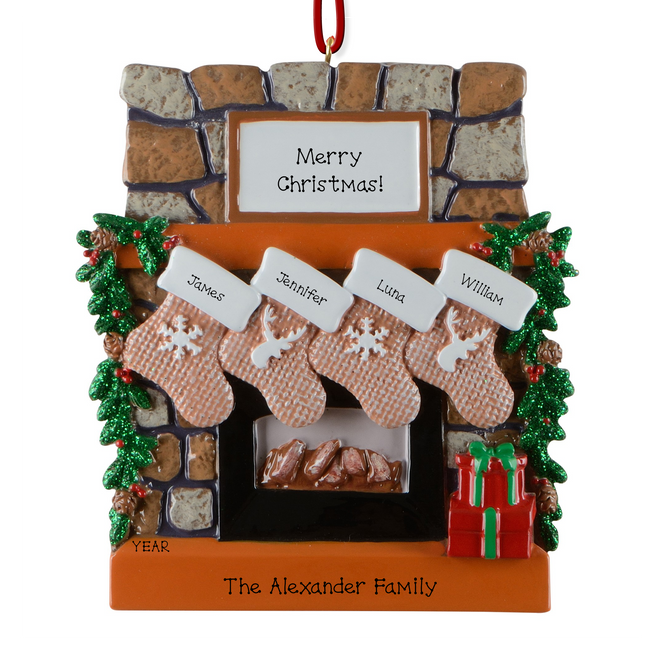 Personalized family fireplace stocking Christmas ornament with 4 names, family name, custom message, and year