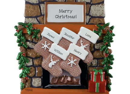 Personalized family fireplace stocking Christmas ornament with 5 names, family name, custom message, and year
