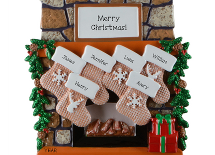 Personalized family fireplace stocking Christmas ornament with 6 names, family name, custom message, and year