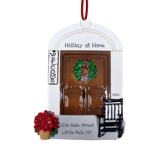 Personalized front door house Christmas ornament with custom message, address, and year featuring a holiday wreath, rocking chair, poinsettia, and welcome sign.