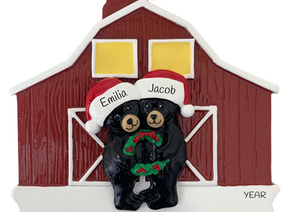 Personalized bear family barn Christmas ornament with 2 names and custom year