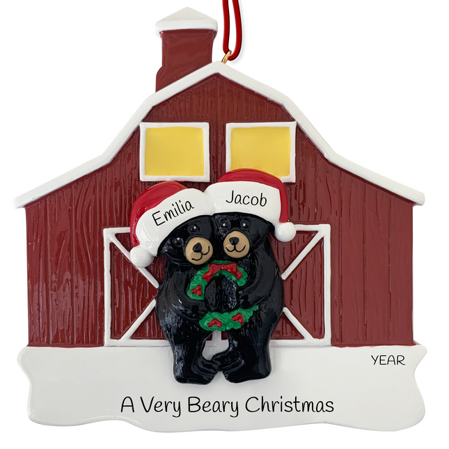 Personalized bear family barn Christmas ornament with 2 names and custom year