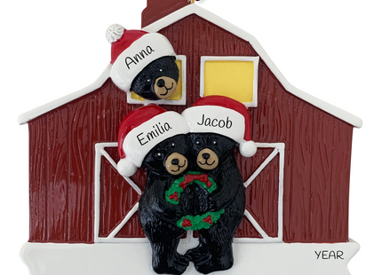 Personalized bear family barn Christmas ornament with 3 names and custom year