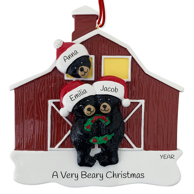 Personalized bear family barn Christmas ornament with 3 names and custom year