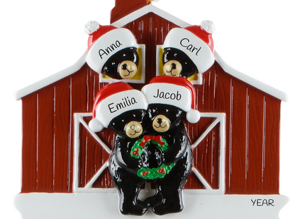 Personalized bear family barn Christmas ornament with 4 names and custom year