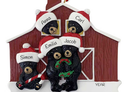 Personalized bear family barn Christmas ornament with 5 names and custom year