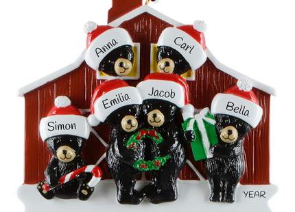 Personalized bear family barn Christmas ornament with 6 names and custom year