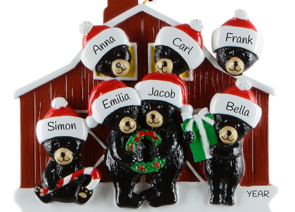 Personalized bear family barn Christmas ornament with 7 names and custom year