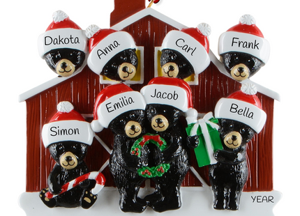 Personalized bear family barn Christmas ornament with 8 names and custom year