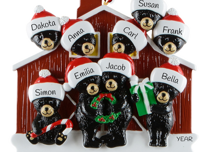 Personalized bear family barn Christmas ornament with 9 names and custom year