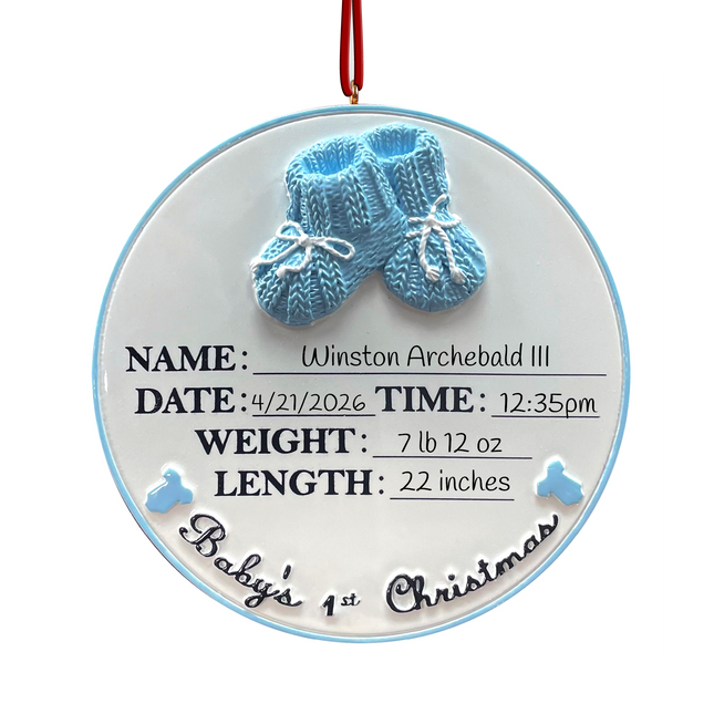 Personalized Baby's First Christmas ornament with blue baby booties featuring custom name, birth date, birth time, birth weight, birth length, and year.