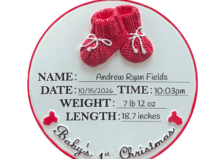 Personalized Baby's First Christmas ornament with red baby booties featuring custom name, birth date, birth time, birth weight, birth length, and year.