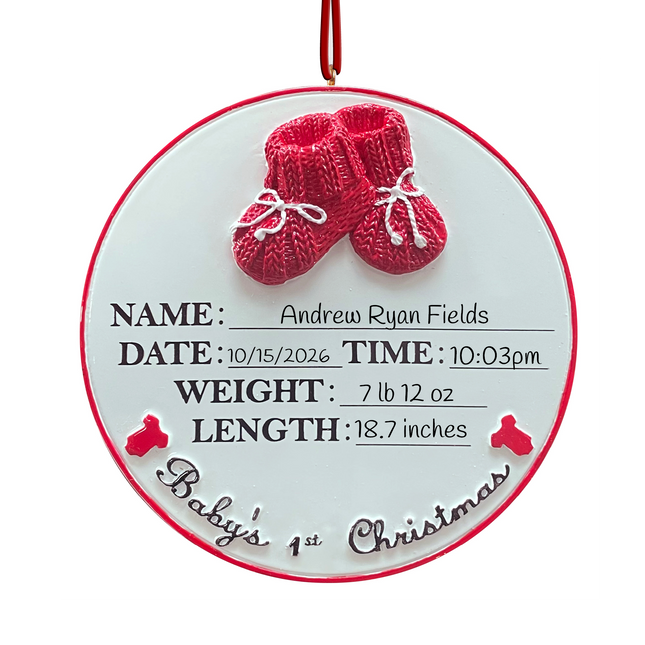 Personalized Baby's First Christmas ornament with red baby booties featuring custom name, birth date, birth time, birth weight, birth length, and year.