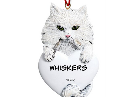 Personalized white Persian cat Christmas ornament with custom pet name and year
