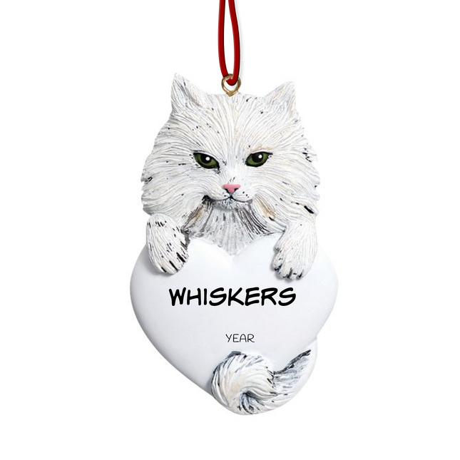 Personalized white Persian cat Christmas ornament with custom pet name and year