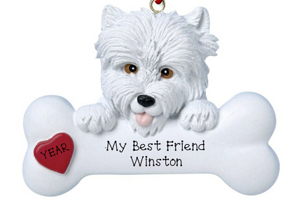 Personalized West Highland White Terrier Westie Christmas ornament with custom dog name and year