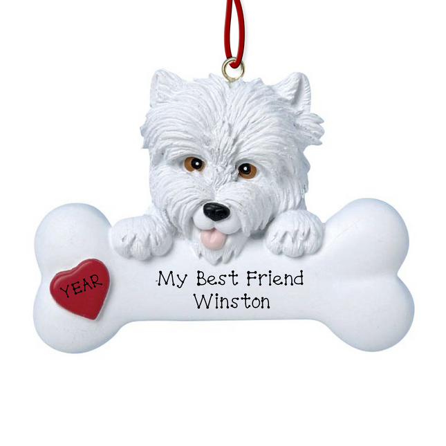 Personalized West Highland White Terrier Westie Christmas ornament with custom dog name and year