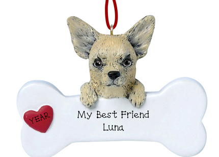 Personalized Chihuahua bone Christmas ornament with custom pet name and red heart