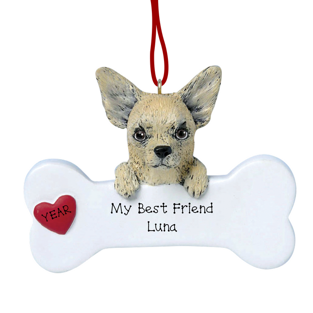 Personalized Chihuahua bone Christmas ornament with custom pet name and red heart