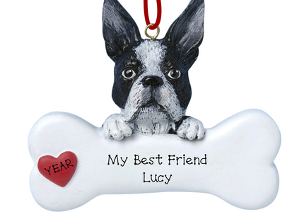 Personalized Boston Terrier bone Christmas ornament with custom pet name and red heart