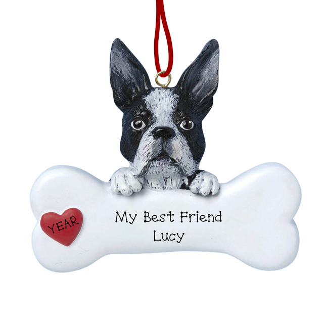 Personalized Boston Terrier bone Christmas ornament with custom pet name and red heart