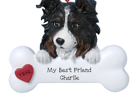 Personalized Australian Shepherd bone Christmas ornament with custom pet name and red heart