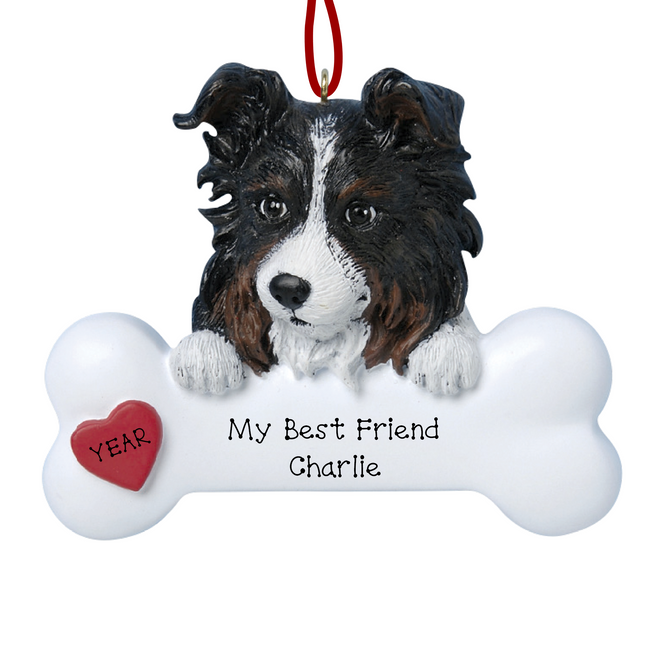 Personalized Australian Shepherd bone Christmas ornament with custom pet name and red heart