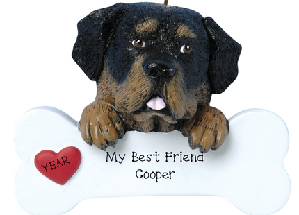 Personalized Rottweiler bone Christmas ornament with custom pet name and red heart