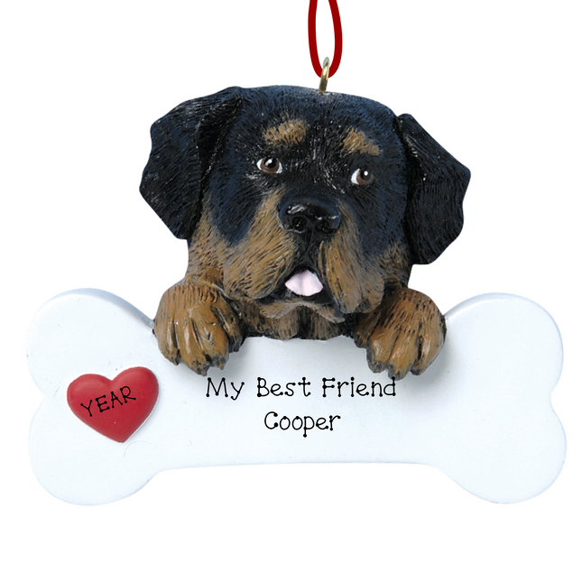 Personalized Rottweiler bone Christmas ornament with custom pet name and red heart