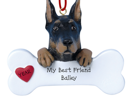 Personalized Doberman Pinscher bone Christmas ornament with custom pet name and red heart