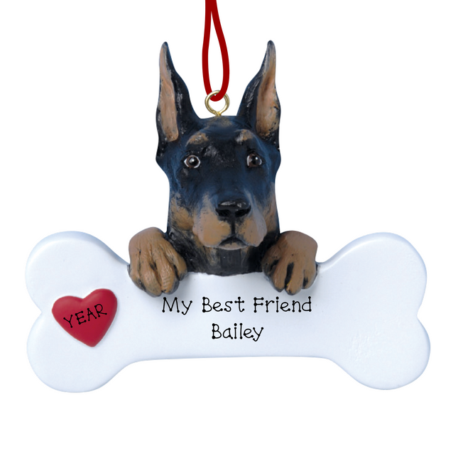 Personalized Doberman Pinscher bone Christmas ornament with custom pet name and red heart
