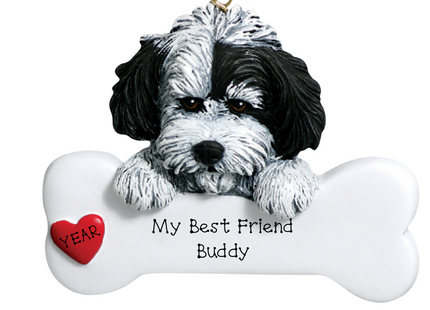 Personalized Shih Tzu bone Christmas ornament with custom pet name and red heart
