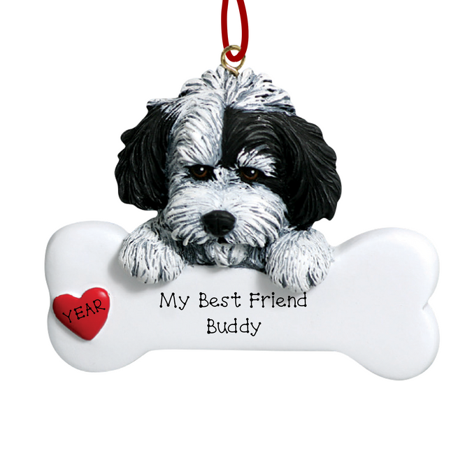 Personalized Shih Tzu bone Christmas ornament with custom pet name and red heart