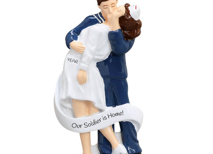 Personalized Navy homecoming couple Christmas ornament with custom message and year featuring a sailor embracing a loved one after returning home.