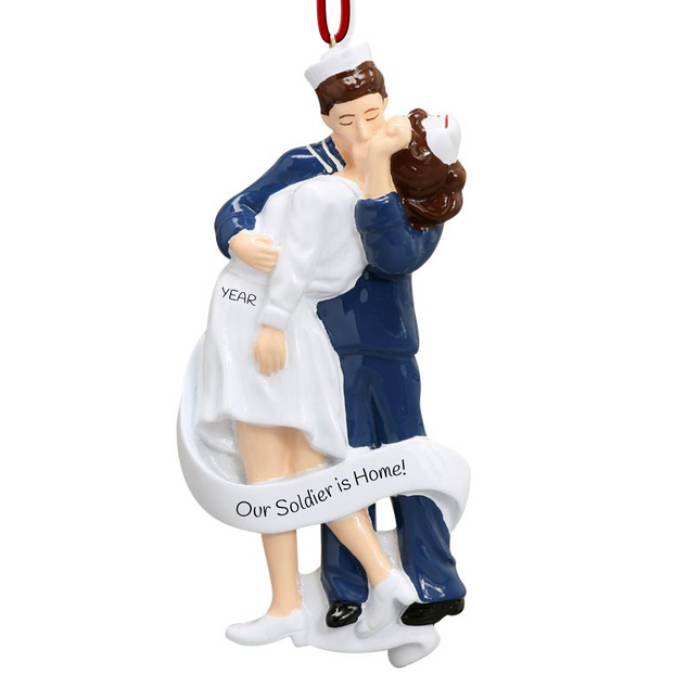Personalized Navy homecoming couple Christmas ornament with custom message and year featuring a sailor embracing a loved one after returning home.