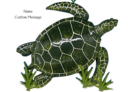 Personalized sea turtle Christmas ornament with custom name, custom message, and year featuring a detailed sea turtle swimming through underwater seagrass.