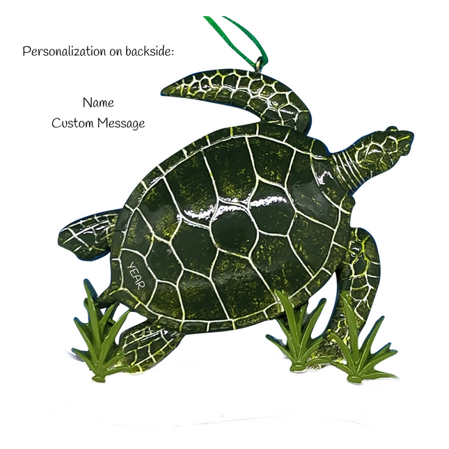 Personalized sea turtle Christmas ornament with custom name, custom message, and year featuring a detailed sea turtle swimming through underwater seagrass.