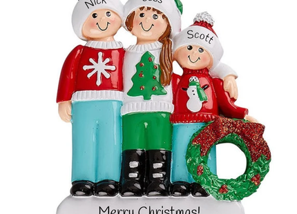 Personalized family of 3 Christmas wreath ornament featuring three family members in festive winter sweaters with custom names, holiday message, and year.