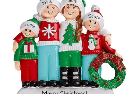 Personalized family of 4 Christmas wreath ornament with four smiling family members wearing holiday sweaters and hats, custom names, message, and year.