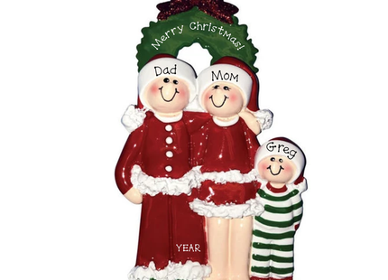 Personalized family of 3 Christmas wreath ornament featuring two parents and one child in festive Santa outfits with custom names, family message, and year.