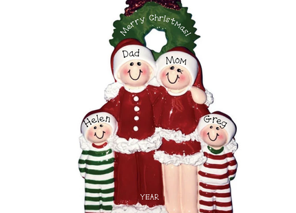 Personalized family of 4 Christmas wreath ornament featuring two parents and two children wearing festive holiday outfits with custom names, family message, and year.
