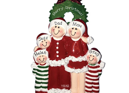Personalized family of 5 Christmas wreath ornament featuring two parents and three children in Santa outfits and striped pajamas with custom names, message, and year.